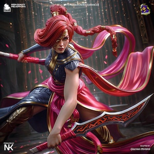 Puede incluir: Ilustración digital de una guerrera con cabello rojo y tela rosa fluida. La guerrera viste una parte superior blindada azul oscuro y dorada y empuña una espada curva. La imagen incluye el texto "HIGH-QUALITY PRE-SUPPORTS" y "PRODUCED BY NK".