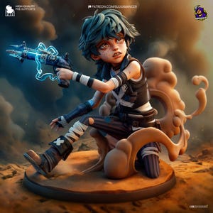 Könnte beinhalten: Eine Figur mit blauen Haaren, die eine Steampunk-Waffe hält. Die Figur trägt ein schwarz-weißes Outfit mit Bandagen an den Beinen. Die Figur sitzt auf einem braunen, strukturierten Sockel.
