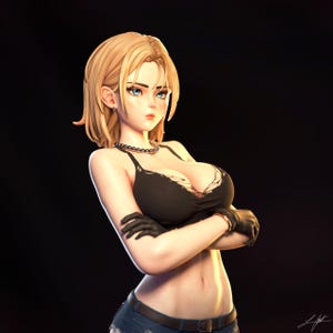 May include: A woman with blonde hair and blue eyes is wearing a black top with a lace overlay and blue jeans. She is wearing black gloves and has a silver necklace on.