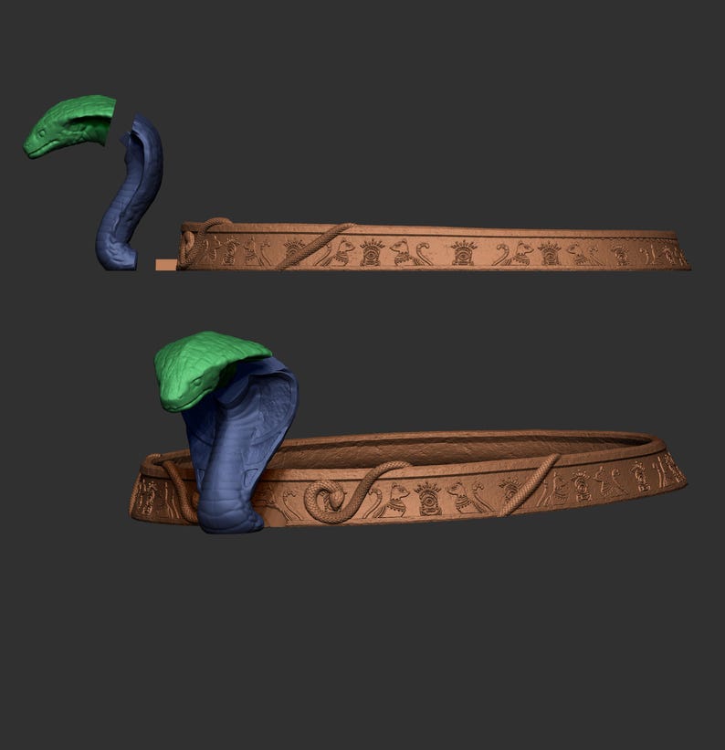 K&ouml;nnte beinhalten: 3D-Design eines dekorativen St&uuml;cks im &auml;gyptischen Stil. Es zeigt eine blaue Kobra mit gr&uuml;nem Kopf, positioniert in der N&auml;he einer braunen, gebogenen Basis mit hieroglyphischen Schnitzereien und Schlangendetails. Das Design ist vor grauem Hintergrund.