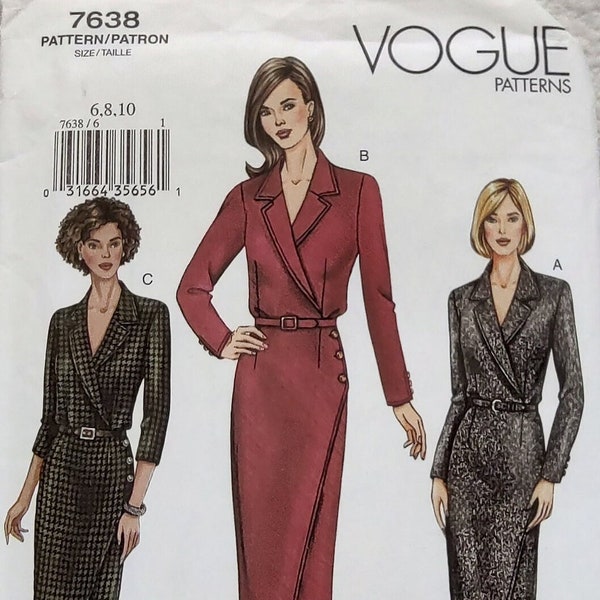 Uncut, Misses Size 6-10, Vogue 7638, Sewing Pattern, Dress, Mock Wrap, Semi Fitted, Straight, Below Mid Knee or Lower Calf, Collar, Slit