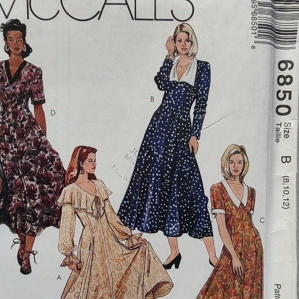 Uncut Misses Size 8-12, Sewing Pattern, McCalls 6850, Dress, Collar, Lace, Ruffles, Short Long Sleeves, Fit and Flare, Ankle Midi Length