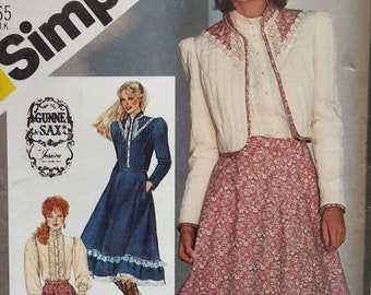 Uncut, Misses Size 10, Vintage Sewing Pattern, Simplicity 5491, Gunne Sax, Skirt, Fitted Blouse, Quilted Jacket, Puff Sleeves, Lace, Cowgirl
