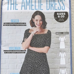 May include: A sewing pattern for "The Amelie Dress" featuring a woman wearing a floral print dress with a square neckline. The pattern includes options for sleeves and sizes 6-20 (US 4-18, EUR 34-48). The pattern is from Simply Sewing.