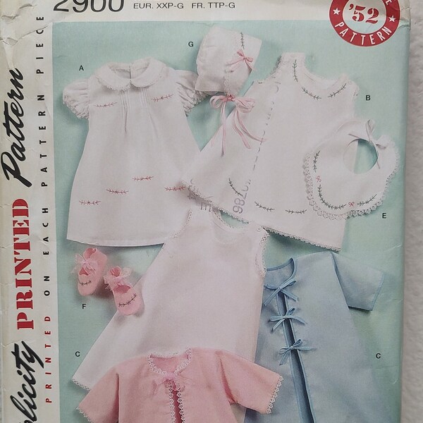 Uncut, Baby Size 7-24 Lbs, Sewing Pattern, Simplicity 2900, Vintage 1952 Layette, Dress, Slip, Sacque, Kimono Jacket, Bib, Booties, Bonnet