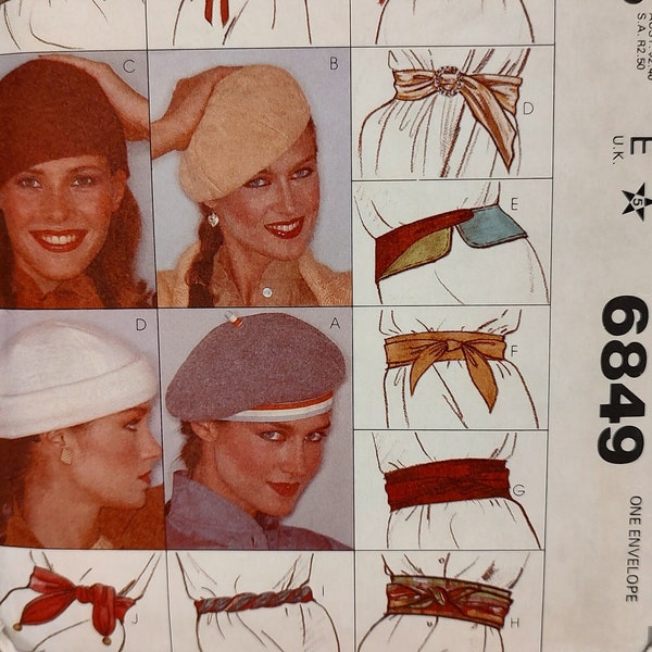 Uncut, Sewing Pattern McCalls 6849, Misses Hat and Belt Accessory Package, Cummerbund, Beret, Cap, Scarf, Vintage 1970s, Thick, Twist,