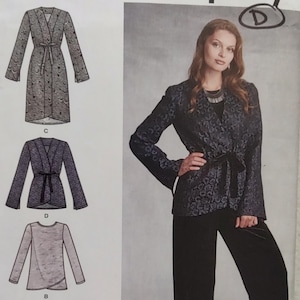 May include: Simplicity sewing pattern featuring a woman in a floral print jacket and black pants. The pattern includes diagrams for a long coat, jacket, top, and pants. Size U.S. 16-24.