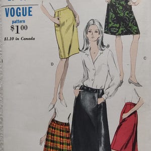 May include: Vintage Vogue sewing pattern featuring illustrations of skirts in various styles and colors, including yellow, black, green, red, and plaid. The pattern includes the text "VOGUE pattern" and waist and hip measurements.