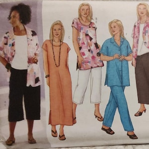 May include: A Butterick sewing pattern envelope featuring illustrations of five different outfits. The outfits include a long peach dress, a blue button-up shirt and pants set, and a pink and white patterned jacket.
