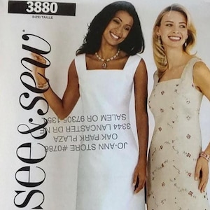 May include: Sewing pattern for two sleeveless dresses. The pattern is for sizes 8, 10, and 12. The pattern is from the brand "see & sew" and is labeled "YES! It's easy".