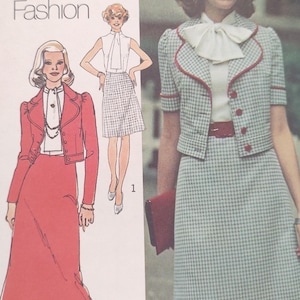 May include: Vintage fashion illustration featuring a red skirt suit and a houndstooth skirt suit with red trim. The illustration includes a white blouse, a red belt, and a red clutch. The word "Fashion" is visible at the top.