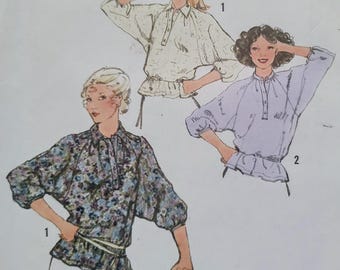 Uncut, Misses Size 12, Vintage Sewing Pattern, Simplicity 8885, Pullover Top, Shirt, Blouse, Dolman Sleeves, Peplum, Elastic Waist, Buttons