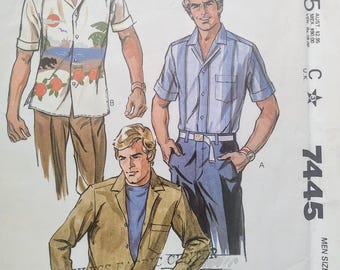 Uncut Mens Size 42-44, Sewing Pattern, McCalls 7445, Shirt, Work, Dress, Beach, Long Short Sleeves, Collar Cuffs, Hawaiian, Pocket, Large