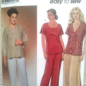 May include: Simplicity sewing pattern featuring three different women's outfits. The outfits include a sequined jacket with white pants, a red top and pants set, and a floral wrap top with a beige skirt. The pattern is labeled "easy to sew".