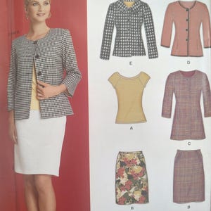 May include: A woman wearing a black and white houndstooth jacket, a yellow top, and a white skirt. The image also shows sewing patterns for various women's clothing items, including jackets, tops, and skirts.