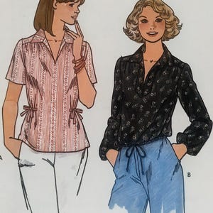 May include: A sewing pattern illustration featuring two shirt designs. The left shirt is a short-sleeved, pink-striped top with side ties. The right shirt is a long-sleeved, black floral blouse with a drawstring waist, paired with blue trousers.