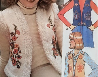 Uncut Misses Size 10-12 Vintage Sewing Pattern, McCalls 4692, Vest, Blue Transfer for Embroidery, 1970s, Front Yokes, Fur, Western Style