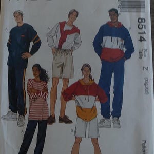 Uncut Unisex Size 42-48, Sewing Pattern, McCalls 8514, Pullover Tops, Sweatshirt, Pull-0n Pants, Shorts, Mens, Misses, Plus, Hood Hooded,