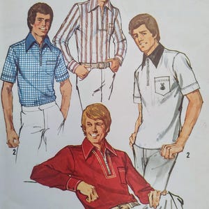 May include: A vintage sewing pattern illustration featuring four shirts with pointed collars and front zipper plackets. The designs include a blue checkered short-sleeve shirt, a red long-sleeve shirt, a white long-sleeve striped shirt, and a white short-sleeve shirt.