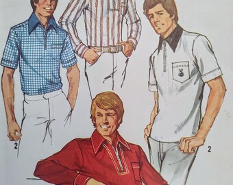 Uncut Mens Size 42-44, Vintage Sewing Pattern, Simplicity 6482, Shirt, for Stretch Knit Fabric, Short Long Sleeves, Collar Cuffs, 1/4 Zipper