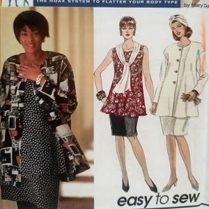 May include: A sewing pattern envelope featuring a photograph of a person wearing a black and white patterned jacket over a matching dress, alongside illustrations of a sleeveless red floral top with a white scarf and a cream-colored jacket and skirt.