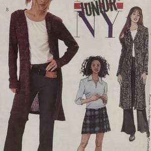 May include: A vintage sewing pattern featuring three women's fashion designs. The designs include a long burgundy cardigan, a patterned coat, and a schoolgirl-style outfit with a plaid skirt. The text "NY Junior NY" is visible.