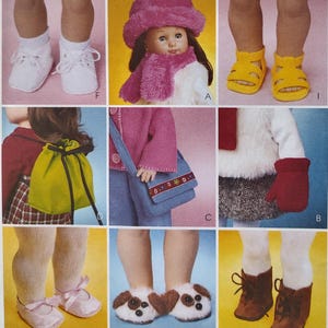 May include: A collage of doll clothing and accessories, including white lace-up shoes, a pink hat and scarf, yellow sandals, a green drawstring bag, a blue purse, a red mitten, a pair of pink ballet flats, a pair of dog-shaped slippers, and brown lace-up boots.