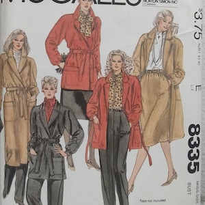May include: McCall's sewing pattern featuring illustrations of women's coats and suits. The designs include a red coat, a tan coat, and a gray suit. The pattern is labeled "8335" and includes the Halston brand.