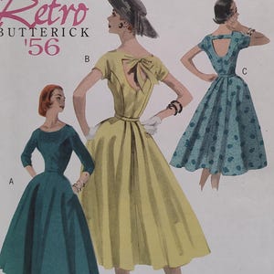 May include: Retro Butterick '56 sewing pattern featuring three vintage dress designs. The dresses are shown in teal, yellow, and blue with various details, including bows and polka dots. The image has a retro aesthetic.