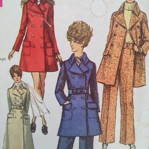 May include: A sewing pattern illustration featuring four outfits: a long beige trench coat, a red double-breasted coat, a blue belted coat with matching trousers, and a speckled brown coat with wide-leg pants and a turtleneck, labeled Mini-Length.