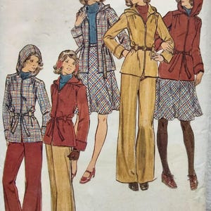 May include: Vintage fashion illustration featuring women in hooded jackets, skirts, and pants. The outfits include plaid and solid-colored jackets with matching bottoms. The illustration shows a size 10 label.