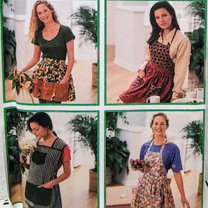 May include: A collage of four photographs displaying various aprons. One features a sunflower print with brown pockets, another a dark patterned fabric, a third a black and white striped design, and the fourth a colorful floral print pattern.