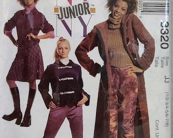 Uncut, Junior Miss Size 1/2 to 7/8, McCalls 3320, Sewing Pattern, NY Junior, Jacket, Coat, Pants, Gauchos, Duster, Hood Hooded, Teen Girl
