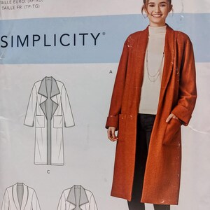 May include: A Simplicity sewing pattern envelope R10752 for a long, rust-colored coat with a shawl collar and front pockets. The packaging features the American Sewing Guild logo, technical line drawings of four coat variations, and sizing information.