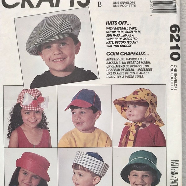 Uncut, Childrens Fashion Hats, Sewing Pattern, McCalls 6210 9047, Hats Off, Baseball Cap, Beret, Sunbonnet, Bonnet, Floppy, Sailor, Boy Girl