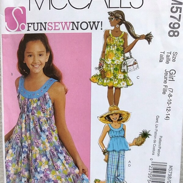 Uncut Child Size 7-14, Sewing Pattern, McCalls 5798, Learn, Easy to Sew, Dress, Sundress, Top, Capri Pants, Summer Sleeveless, Pre Teen Girl
