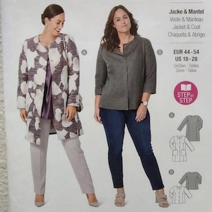 May include: Two women modeling jackets and coats. One woman wears a long, patterned coat with a white and gray design, paired with light gray pants. The other woman models a gray jacket with dark blue jeans. The image includes size information.
