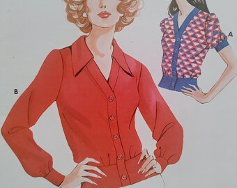 Uncut, Misses Size 6-12, Sewing Pattern, Kwik Sew 536, Vintage, Cardigan Style Top, Short Puff Sleeves, Long, Ribbing at Waist, Crop, Short