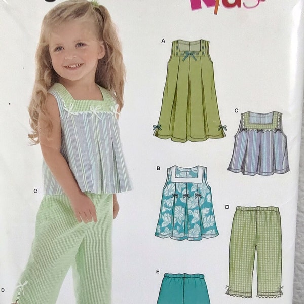 Uncut, Child Size 1/2 - 4, Sewing Pattern, Simplicity 6473, Easy to Sew, Dress, Top, Shorts, Capri Pants, Kids, Girl, Pleats, Bows, Summer