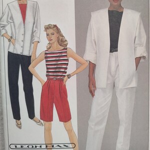 May include: An illustration of women's fashion from the 1980s. The image features three models wearing different outfits. One model is wearing a white jacket, black pants, and a red top. Another model is wearing a striped top and red shorts. The third model is wearing a white suit.