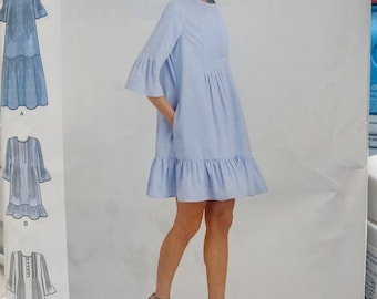 Uncut Misses Size XS-XL, Sewing Pattern, Simplicity 8414, Dress, Gown, Pleats Tucks, Ruffle Sleeves, Buttons, Scoop Neck, Knee Ankle Length