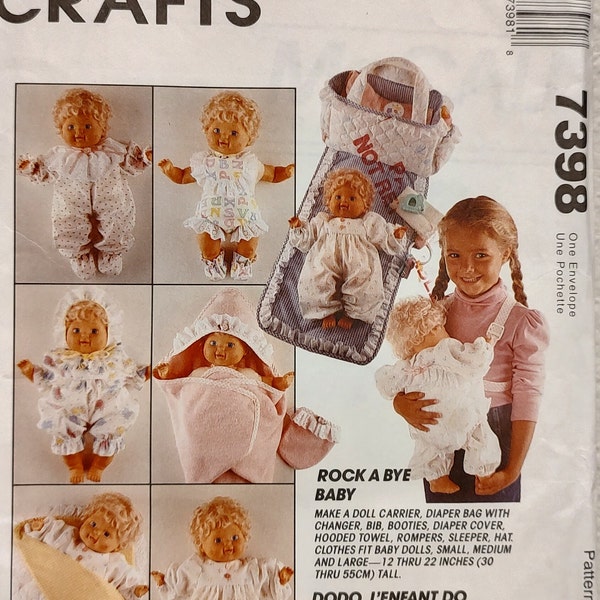 Uncut, Fits Doll Size S-L, McCalls Crafts Sewing Pattern 7398, Clothes, Carrier, Diaper Bag with Changer, Cover, Towel, Romper, Sleeper Hat