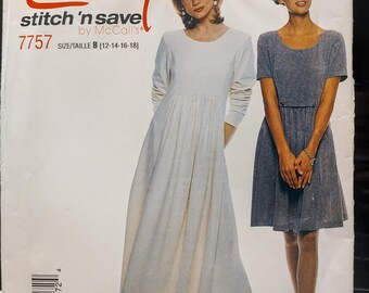 Uncut, Misses Size 12-18, Sewing Pattern, Easy Stitch N Save by McCalls 7757, Easy to Sew, Dress, Knee, Ankle Length, Loose Fitting, Fast