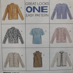 May include: A sewing pattern sheet featuring various jacket and top designs. The designs include a gold jacket, a blue jacket with small round details, a leopard print jacket, a light blue t-shirt, a pink jacket with floral embroidery, a tan jacket, a leopard print vest, and a white jacket with black trim. The text "GREAT LOOKS ONE EASY PATTERN" is also visible.