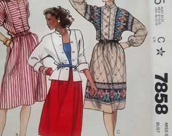 Uncut, Misses Size 16, Vintage Sewing Pattern, McCalls 7858, Top, Skirt, Buttons, A-Line Flare, Below the Knee, Stand-up Collar, Gathers