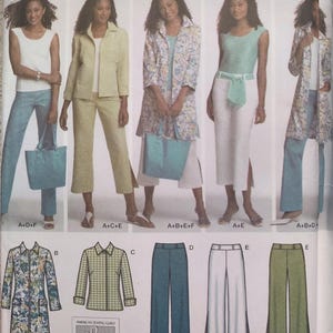 May include: Simplicity wardrobe elements sewing pattern featuring various outfit combinations. The pattern includes a jacket, pants, tops, and tote bags. The size range is AA 10, 12, 14, 16, 18. The image also includes the text "American Sewing Guild".