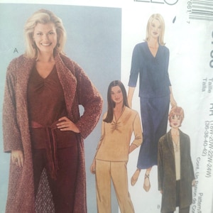 May include: A McCall's sewing pattern featuring illustrations of women's clothing. The designs include a long coat, pantsuits, and a skirt suit. The color palette includes shades of brown, beige, and navy blue. The pattern is labeled "Womanstyle".