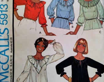 Uncut Misses Size 18, Vintage Sewing Pattern McCalls 5913, Blouse, Top, Ruffle Neckline, Long Elbow Sleeves, 1970s, Peasant Style, Tie Neck