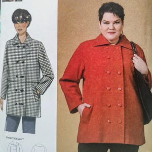 May include: A double-breasted coat with a wide collar, long sleeves, and two front pockets. The coat features a button-front closure and is shown in a solid red color on a person, and in a black and white houndstooth pattern in a sketch.