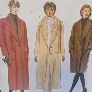 May include: A sewing pattern illustration featuring three long coats. Coat B is deep red with a black turtleneck. Coat C is light beige with a faux fur collar and white turtleneck. Coat A is brown with a dark brown turtleneck and black tights.